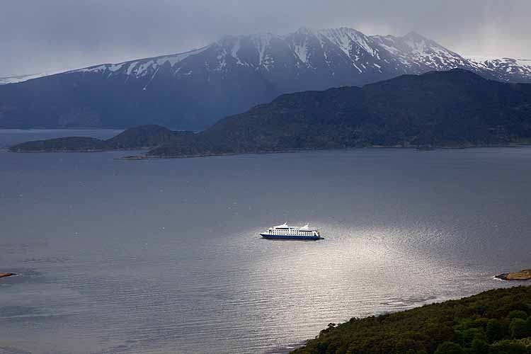 Quark Expeditions cruise ship in South Georgia Island bay.