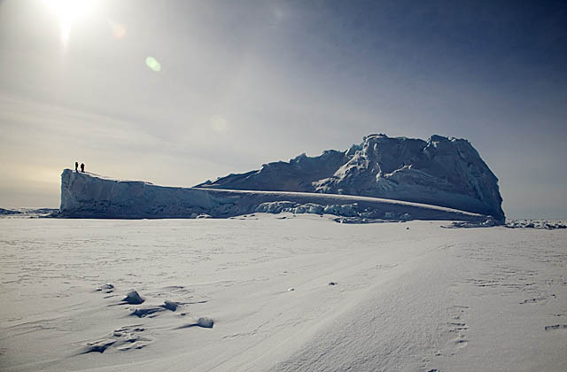 Large slab of sea ice forced above surface by pressure forces created by wind and tides.