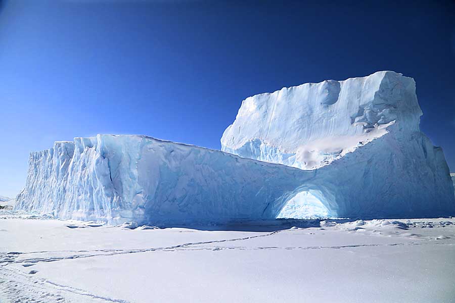 Ice formations with arch formed in sea ice near Baffin Island.