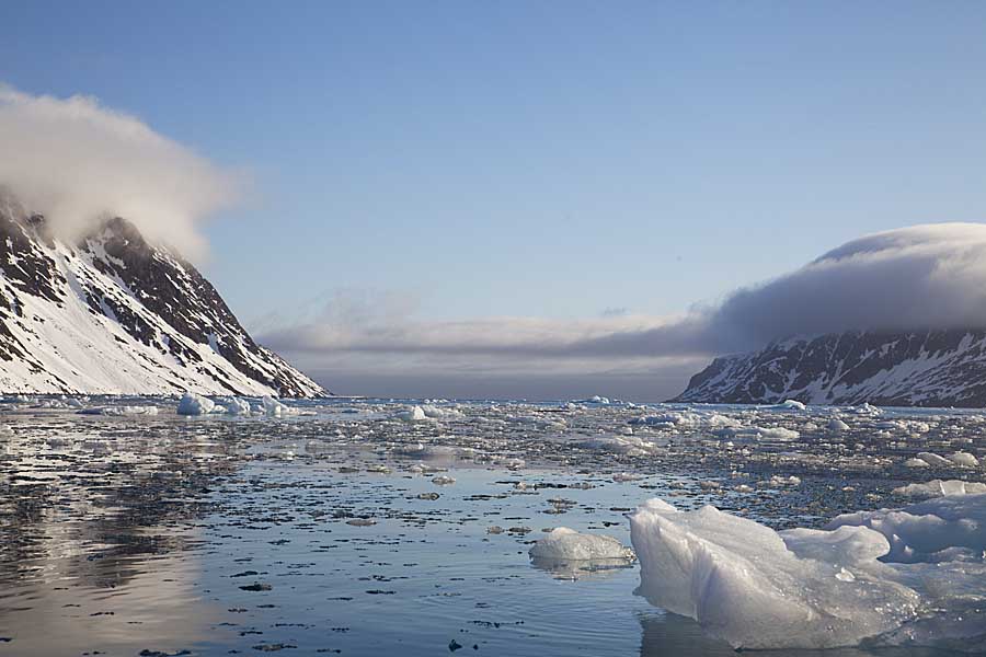 Sea ice in bay with sea cliffs and cloud formations.