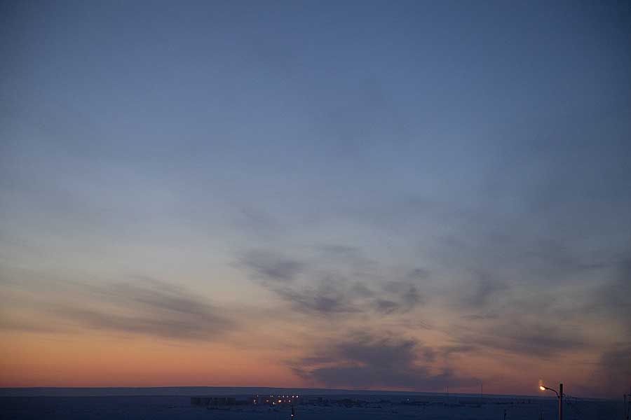 First light and sunrise of new year above arctic circle after 3 months of polar night.