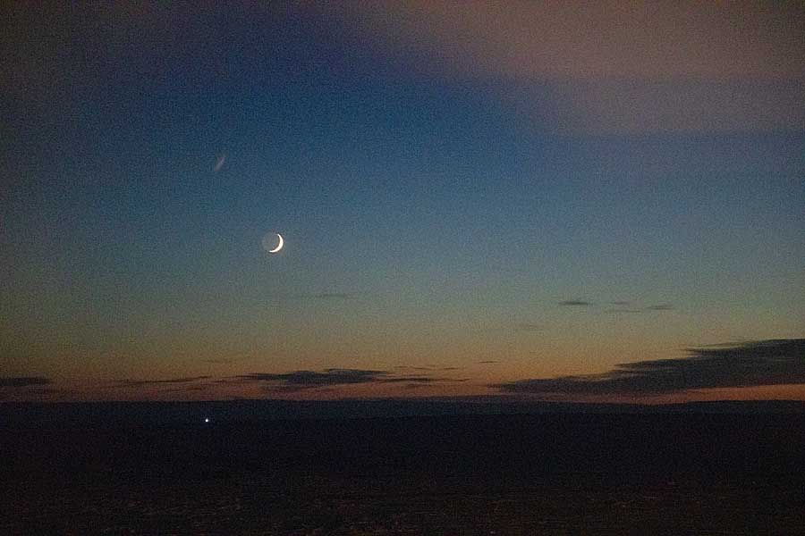 Moonrise, with waxing crescent, and first light of new year above arctic circle after 3 months of polar night.