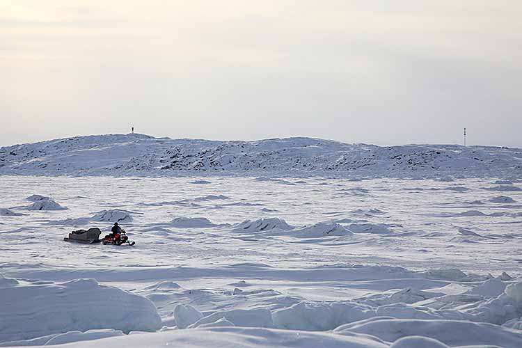 Inuit on snowmobile with sled traveling across sea ice.